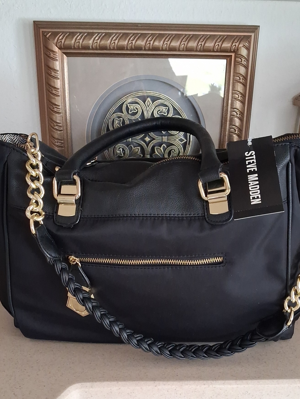 Steve Madden Black Satchel with Gold-Tone Accents